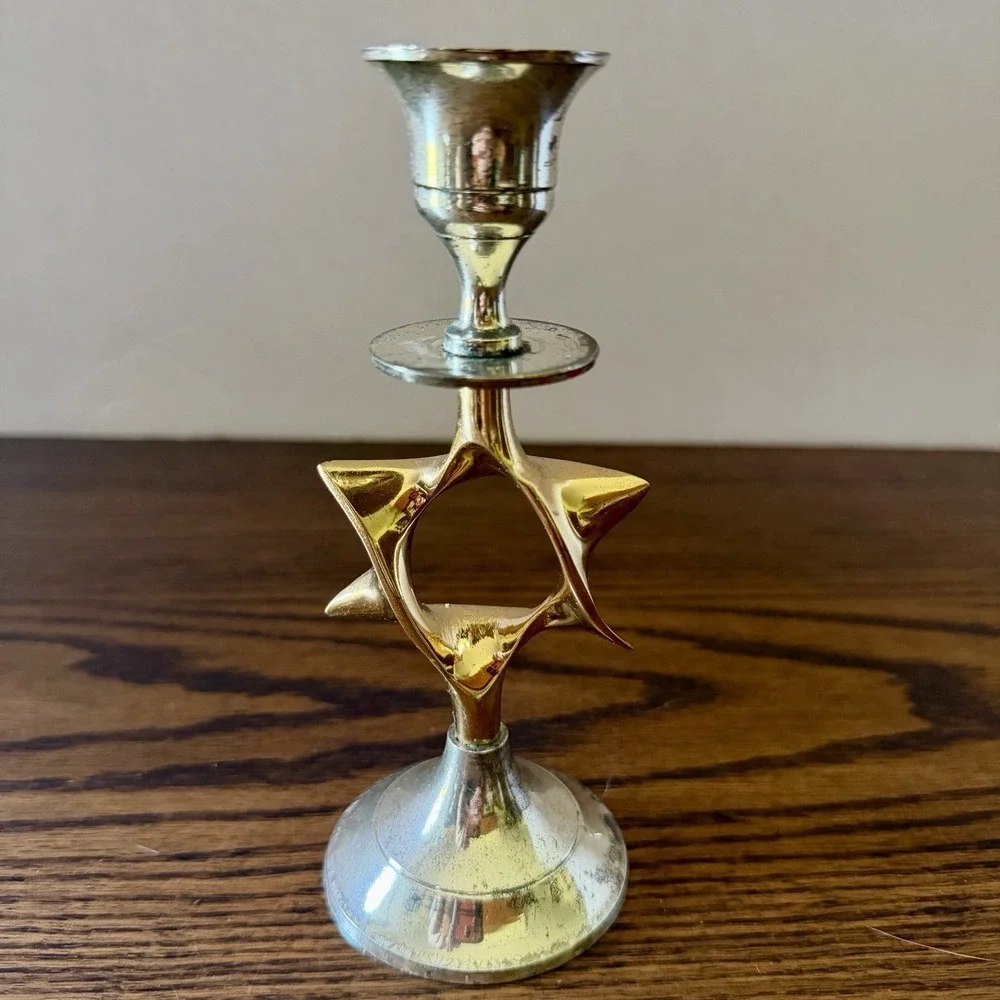 Vintage Karshi Hanukkah Candlesticks Shabbat David Star 24K Gold Plated Set Of 2